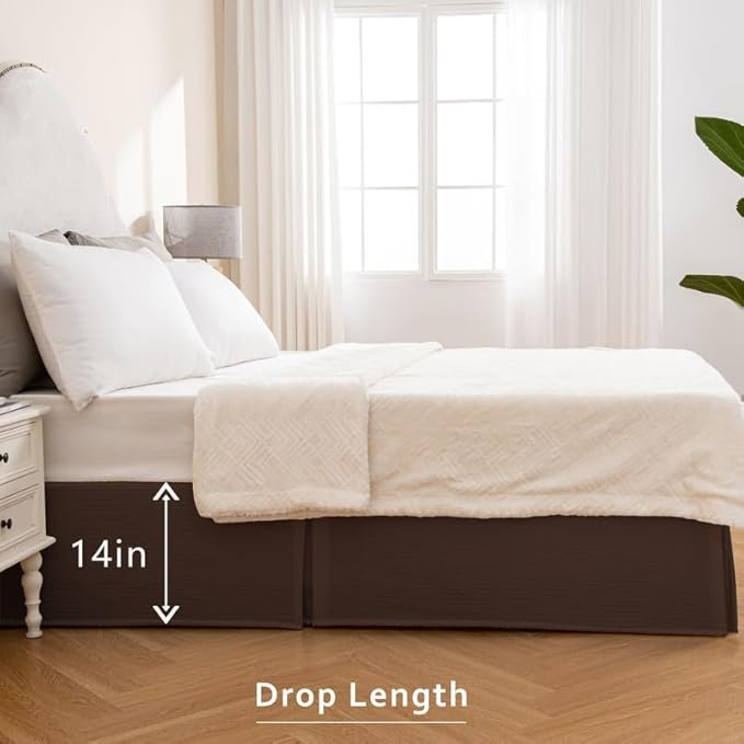 MIYE Pleated Waffle Weave Bed Skirt, Tailored Dust Ruffle 14 Inch Drop Easy Fit, Machine Washable (Brown, Queen - 14" Drop)