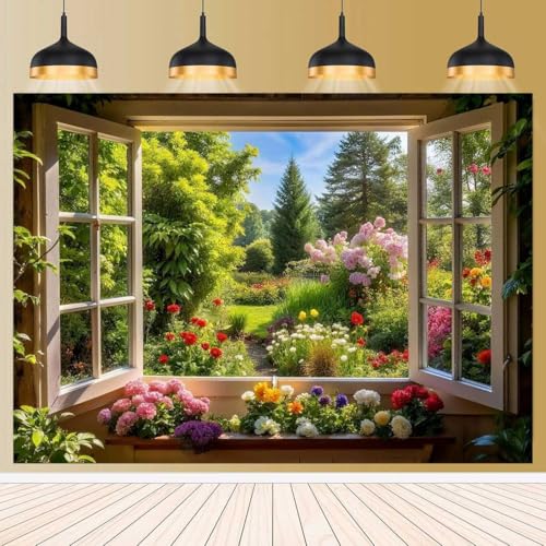 Spring Summer Garden Window Backdrop for Photography Floral Nature Landscape Photo Background Flowers and Trees Vibrant Flowers Party Decorations Banner Wedding Baby Shower Party Supplies 7x5ft - size: 7x5ft