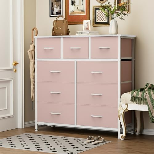 Sweetcrispy 9 Drawer Fabric Dresser Storage Tower Drawer Organizer, Pink