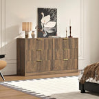 Walnut 6 Drawer Dresser for Bedroom, 55'' Wide Wood Chest of Drawers, Modern Fluted Bedroom Dressers with Drawers, Large Dresser TV Stand Mid Century Double Dresser for Living Room, Hallway