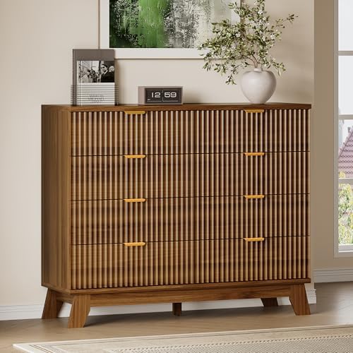 BORNOON Fluted 8 Drawer Tall Dresser, 47.2" Wide Modern Boho Chest of Drawers, Wooden Storage Dresser TV Stand for Bedroom, Living Room, Closet, Hallway, Curved Profile Design