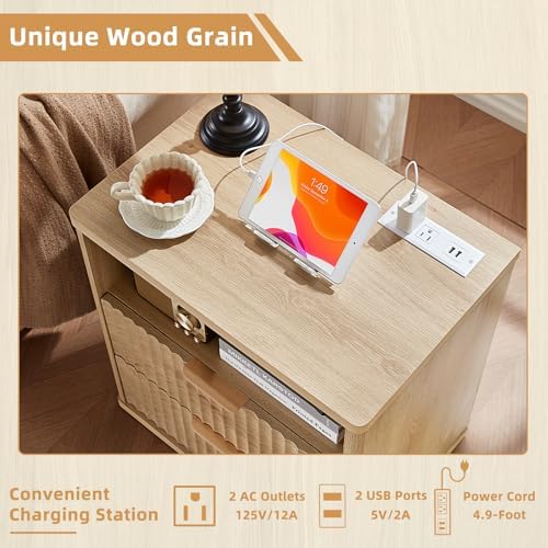 LEYAOYAO Fluted Nightstand with Charging Station, 23" Modern Night Stand with Woodgrain Top, 2 Drawers End Table w/Storage, Bedside Tables for Bedroom, Living Room, Curved Profile Design,Wood