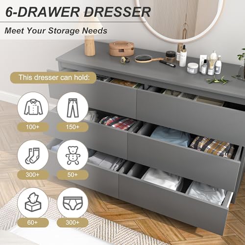 Grey Dresser for Bedroom,48'' Modern 6 Drawer Dresser with Deep Drawer,Storage Wide Chest of Drawers,Wood Bedroom Storage Furniture for Living Room,Closet
