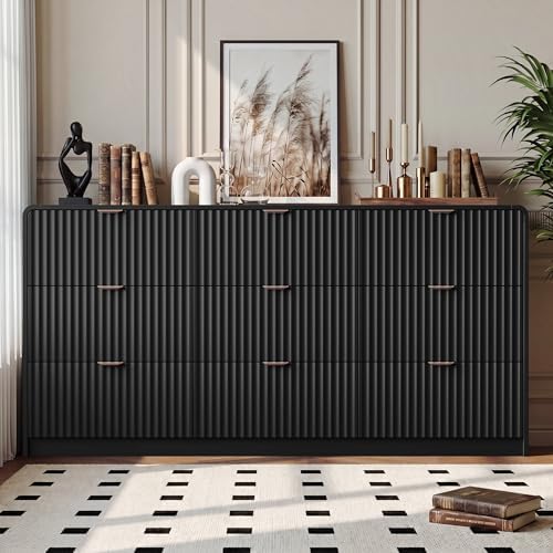 HOUROM Black Fluted Dresser for Bedroom,9 Drawer Chest,59in Wood Cabinet
