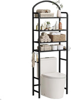 4-Tier Over The Toilet Storage, Bathroom Organizer, Space-Saving, 72" H Above Toilet Storage Rack with 4 Hooks and Paper Holder, Metal Shelf, Black