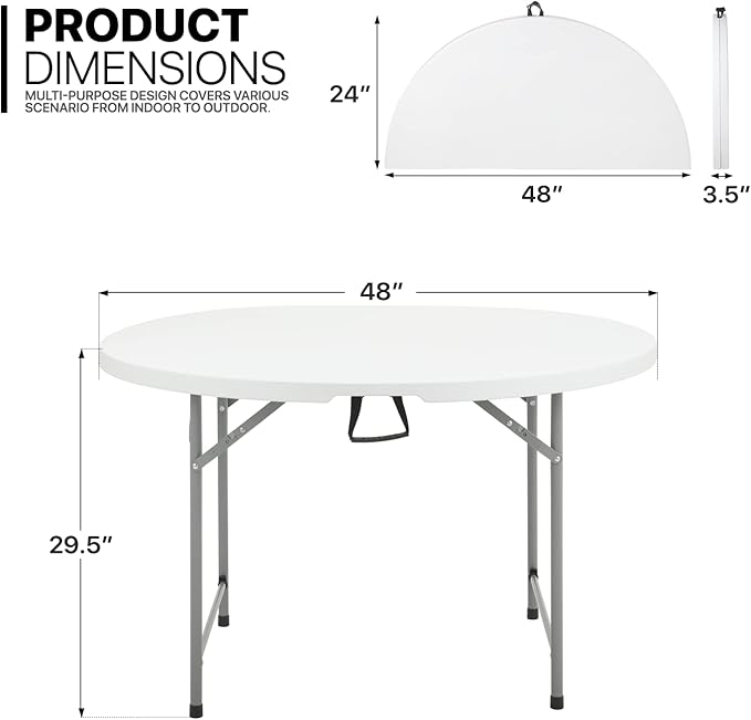 MoNiBloom 4Ft Round Folding Table, Indoor Outdoor Plastic Dining Card Table with Handle and Lock for Picnic Party Banquet Wedding, White