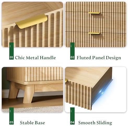 Xixini Fluted Nightstand with Charging Station, Tall Bedside Table, Oak