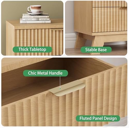 Xixini Fluted Nightstand with 4 Drawers, 31.5" Wide Side Table, Natural Oak