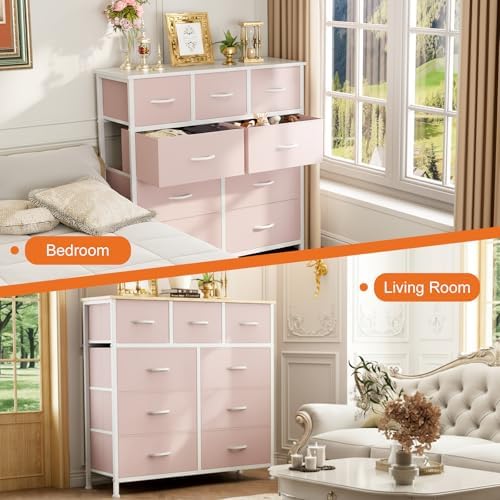 Sweetcrispy 9 Drawer Fabric Dresser Storage Tower Drawer Organizer, Pink