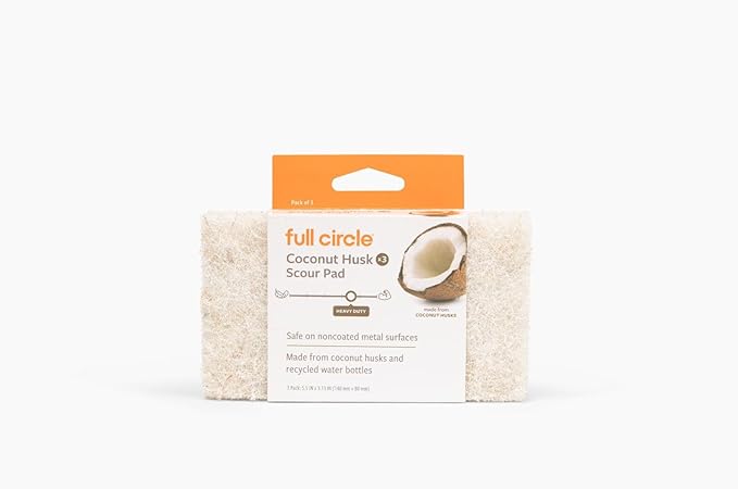 Full Circle Heavy Duty Scour Pads, Pack of 3 – Plant-Based Coconut Shell Scrubbers Made with Recycled Materials, Safe for Nonstick Cookware