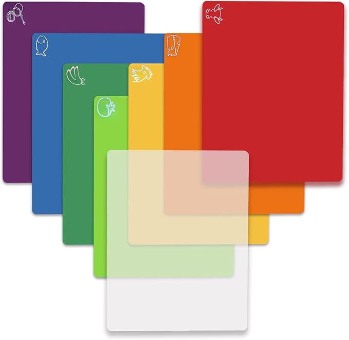 Cutting Board Mats Flexible Plastic Colored Mats with Food Icons, Fotouzy BPA-Free, Non-Porous, Anti-skid back and Dishwasher Safe, Set of 7+1 8 Pieces