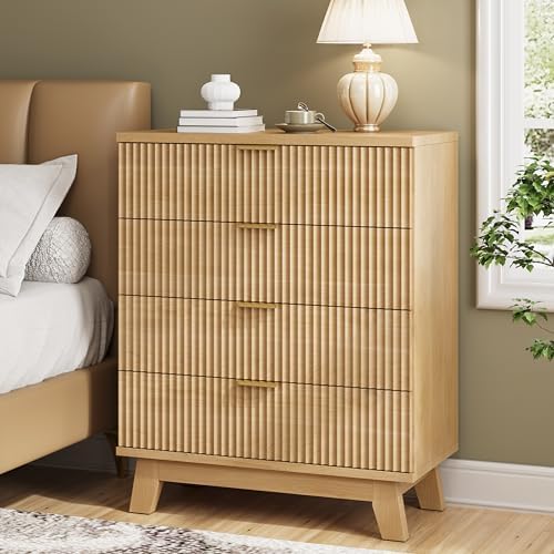Xixini Fluted Nightstand with 4 Drawers, 31.5" Wide Side Table, Natural Oak