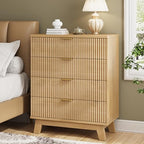 Xixini Fluted Nightstand with 4 Drawers, 31.5" Wide Side Table, Natural Oak
