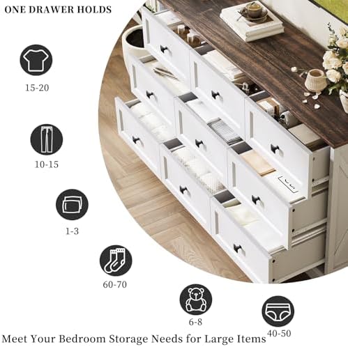 Farmhouse 9 Drawers Dresser Chests for Bedroom, White 9 Drawers TV Stand