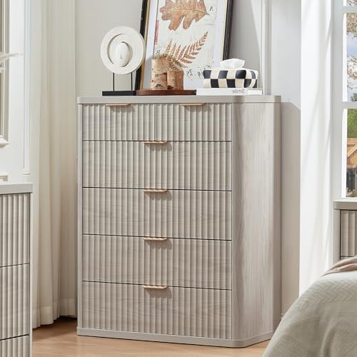 LEYAOYAO Fluted 6 Drawers Dresser for Bedroom, 42" Tall Modern Chest of Drawers with Metal Handle, Curved Profile Design,Light Grey Wood Drawer Organizer for Bedroom, Living Room, Hallway, Entryway