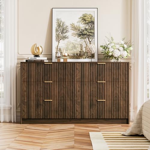 Furniway Walnut Dresser for Bedroom, Modern Dresser with 6 Drawers and Smooth Slides, Wide Chest of Drawers with Golden Handles for Bedroom, Living Room, Closet, 15.7" D x 55.1" W x 31.4" H
