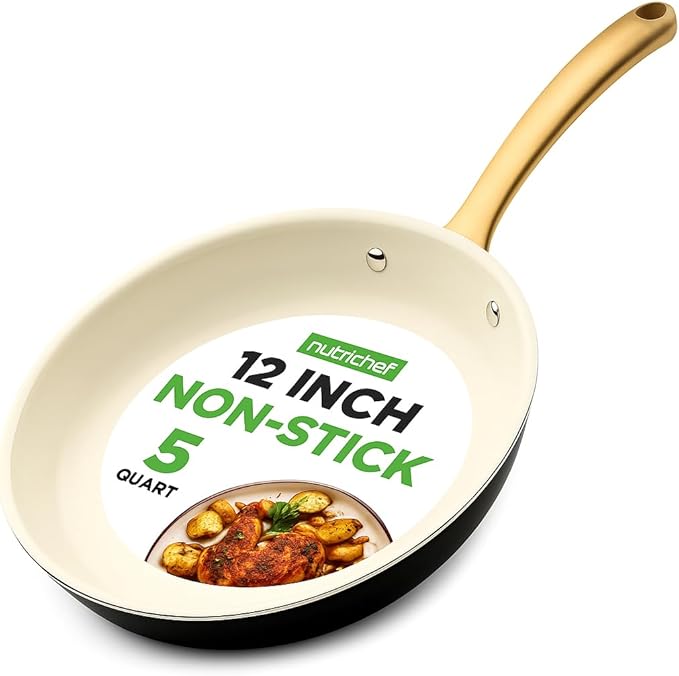 NutriChef 12 Inch Large Ceramic Coated Frying Pan - Non Stick Skillet with Titanium Handle, Omelet Pan Durable, Easy to Clean - Gas, Electric, Ceramic and Induction Compatible Cookware