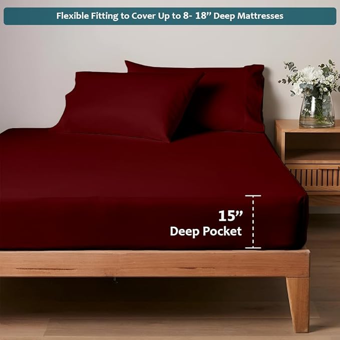 XL Twin Sheets Set - Luxury 338 Thread Count 100% Egyptian Cotton Sateen, Twin XL Sheet Set with All Around Elastic for a, Hotel Quality Bedding (Burgundy Solid)