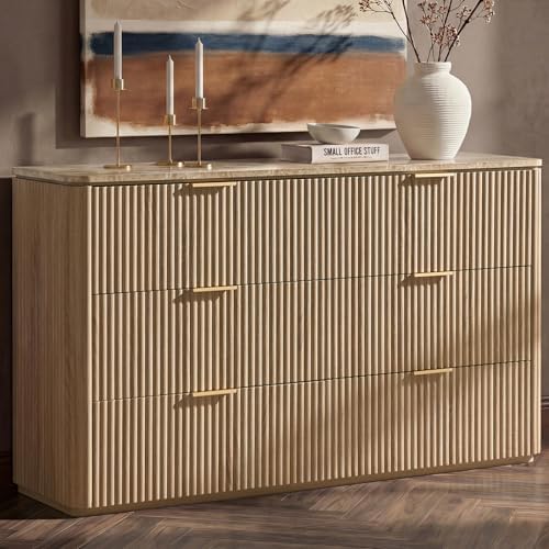 54"W Fluted 6 Drawer Bedroom Dresser, with Faux Marble Top,Natural Oak