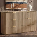 54"W Fluted 6 Drawer Bedroom Dresser, with Faux Marble Top,Natural Oak