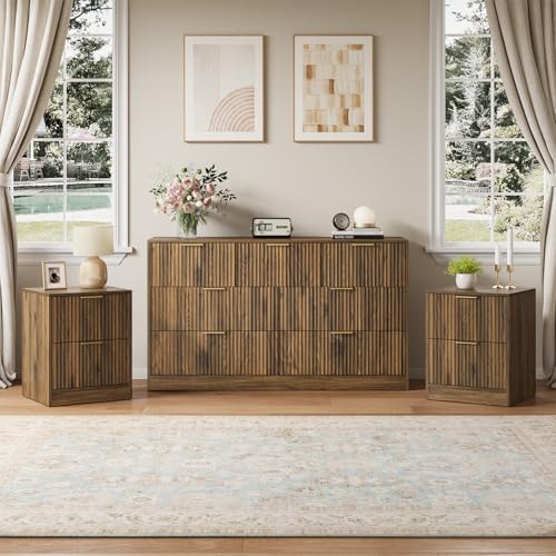 7 Drawer Dresser & 2-Drawer Nightstand Set 3-Piece, Walnut丨55 Wide Bedroom Set Night Stand Set of 2 with Metal Handle, Fluted Wood Chest of Drawers Storage Dressers Set for Bedroom