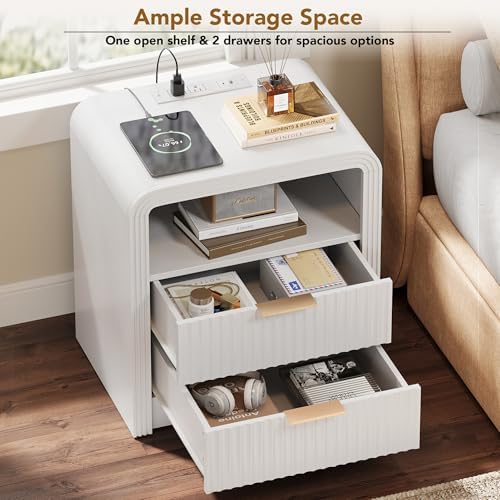 Decofy Fluted 2-Drawer Nightstand Set of 2 with Charging Station, White