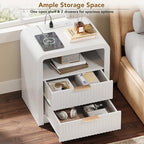 Decofy Fluted 2-Drawer Nightstand Set of 2 with Charging Station, White