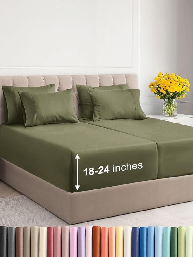 Extra Deep Split King Sheet Set - 7 Piece Breathable & Cooling Sheets - Hotel Luxury Bed Sheets Set - Easy Fit - Soft, Wrinkle Free & Comfy Sheets Set - Sage Green Sheet Set with Extra Deep Pockets