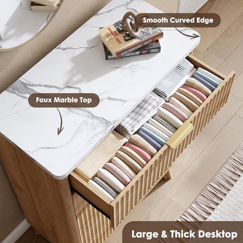 GarveeHome Fluted Dresser for Bedroom with 5 Deep Drawers, Natural Oak