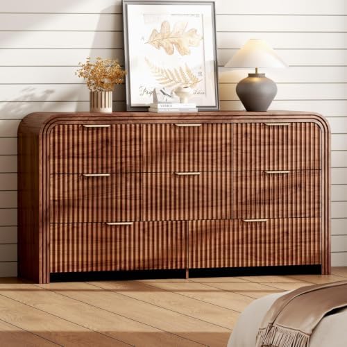 Ieejdn 55.12" Modern Chest of Drawer, 8 Deep Drawers,Clothes Organizer,Large Storage Cabinet for Living Room, Bedroom,Dresser TV Stand, Wood Drawer Organizer for Living Room, Hallway, Walnut