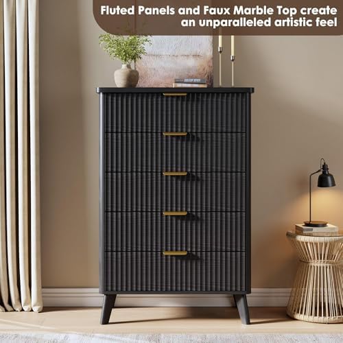 GarveeHome Fluted Dresser for Bedroom with 5 Deep Drawers, Black