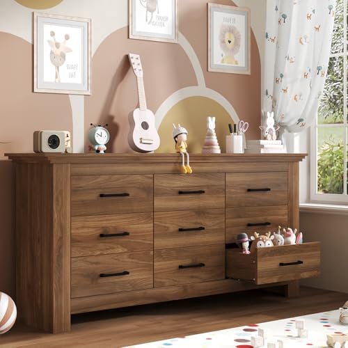 9 Drawer Dresser for Bedroom, Wood Dresser Chests of Drawers with Metal Handle, Triple Wide Dressers, Vintage Design Storage Chest Cabinet and Organizer Drawers for Closet, Hallway, Entryway, Walnut