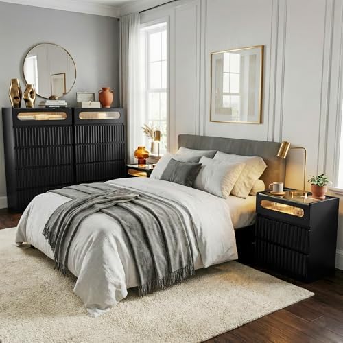 Modern Nightstand with Charging Station,Fluted 3 Drawers Bedside,Black