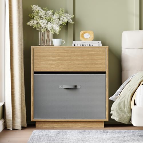 TEENFON Nightstands Set of 2, Night Stand with Drawer and Open Shelf, Nightstands Bedside Table with Removable Fabric Drawer, Night Stands for Bedroom, Small Space, Natural
