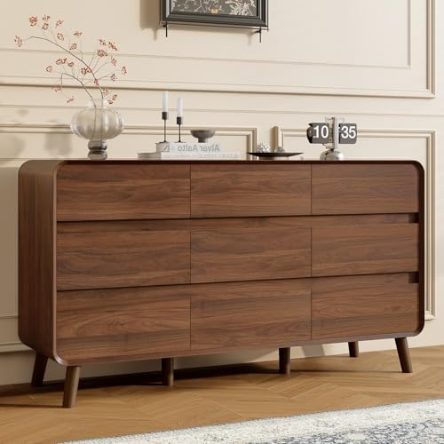 Nasonet 9 Drawer Dresser for Bedroom, 55'' Wide Mid Century Modern Wood Chest of Drawers, Large Storage Drawer Dresser TV Stand, Walnut