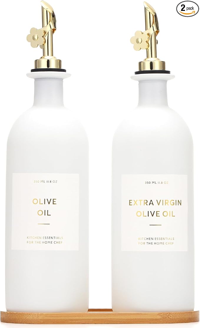 HOMCDALY Olive Oil Dispenser for Kitchen, 16oz Glass Oil Bottles with Bamboo Tray, Gold Oil&Vinegar Cruet Set, Kitchen Dispenser Bottles with Pourer | Set of 2 (16oz – Gold)