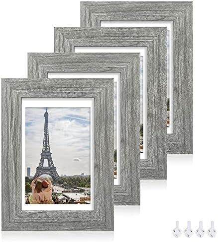 Hongkee 5x7 Picture Frame Set of 4, Made of Real Glass and Grey Wooden Frame, 5 by 7 Photo for Wall or Tabletop - Display Picture 4x6 with Mat or 5x7 Without Mat