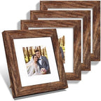 Hongkee 6x6 Picture Frame Set of 4, Made of Glass and Rustic Brown Wooden Frame - Display Picture 4x4 with Mat or 6 x 6 Without Mat, 6x6 Photo for Wall or Tabletop