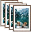Hongkee 24x36 Poster Frame Set of 4, 24 x 36 Rustic Brown Wood (Mat 20x30)