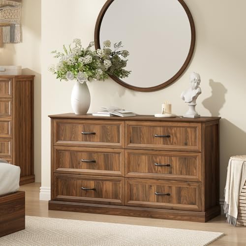 Farmhouse 6 Drawer Dresser for Bedroom, 55" Walnut Dresser with TV Stand