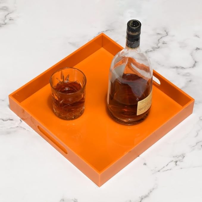 KEVLANG Orange Sturdy Acrylic Serving Tray with Handles-12x12Inch-Serving Coffee,Food,Breakfast,Butler-Kitchen Countertop Tray-Makeup Drawer Organizer-Vanity Table,Ottoman Tray-Decorative Tray