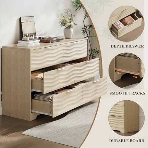 MALOL 6 Drawer Dresser for Bedroom,55" Wide Large Wooden Storage Organizer Chest of Drawers,Modern Wooden Closet Storage Chest/TV Stand with Metal Handles,for Living Room,Hallway,Entryway,NaturalWood