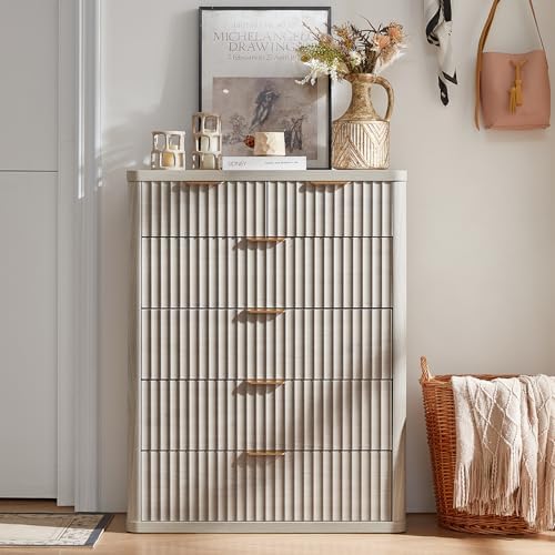 LEYAOYAO Fluted 6 Drawers Dresser for Bedroom, 42" Tall Modern Chest of Drawers with Metal Handle, Curved Profile Design,Light Grey Wood Drawer Organizer for Bedroom, Living Room, Hallway, Entryway