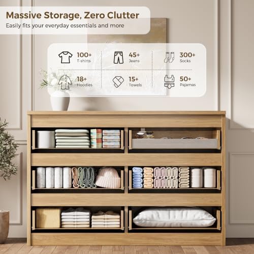 Jocoevol 6 Drawer Fluted Dresser, Modern Chest of Drawers for Bedroom with Hidden Handles, Wood Storage Organizer Cabinet for Living Room & Entryway, Natural Oak (15.7" D x 47.3" W x 31.6" H)