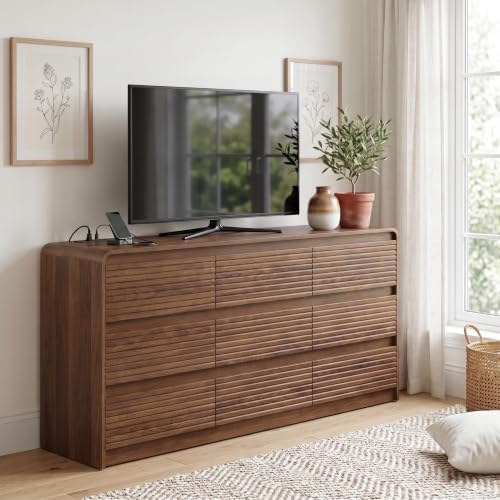 Gyfimoie Walnut Fluted 9-Drawer Dresser for Bedroom w/Power Outlet