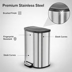 Garvee Stainless Steel Trash Can, 50 L/13 gal Hands Free Garbage Can with Soft Close Lid and Foot Pedal, Metal Kitchen Waste Bin with Inner Bucket for Living Room, Office, D Shape, Silver