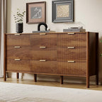 63in Walnut Fluted 9 Drawer Dresser for Bedroom,Mid Century Wood Chest
