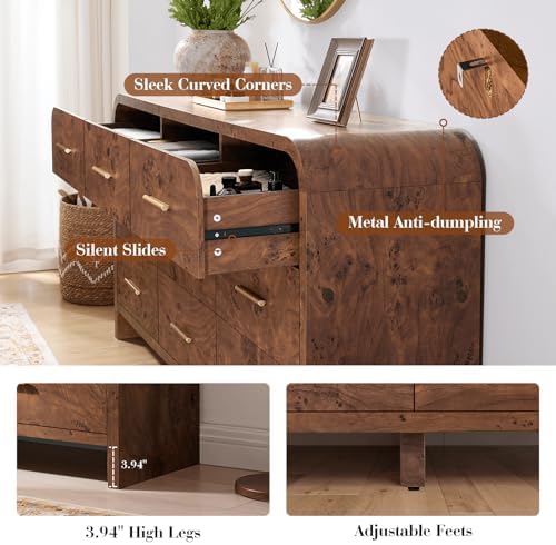 Curved Drawer Dresser for Bedroom with 9 Drawers, 63'' Wide Chest of Drawer