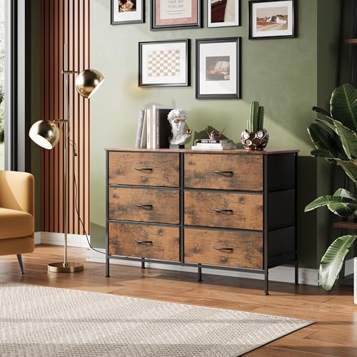 WLIVE Dresser for Bedroom with 6 Fabric Drawers, Rustic Brown