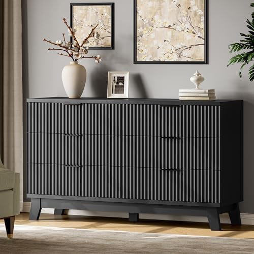 Xixini Fluted Dresser with 6 Drawers, 54" Wide Modern Chest of Drawers with Metal Handle, Wooden Dresser TV Stand, Wood Closet Clothes Storage Organizer for Bedroom, Living Room, Hallway, Solid Black